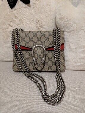 Gucci Small Dionysus GG Supreme Canvas Shoulder Bag in Beige/Red
